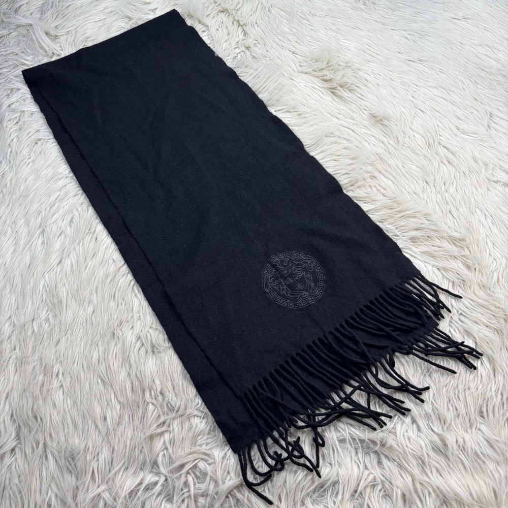 Versace Black Wool Embroidered Medusa Logo Scarf Wrap Fringe Hem
